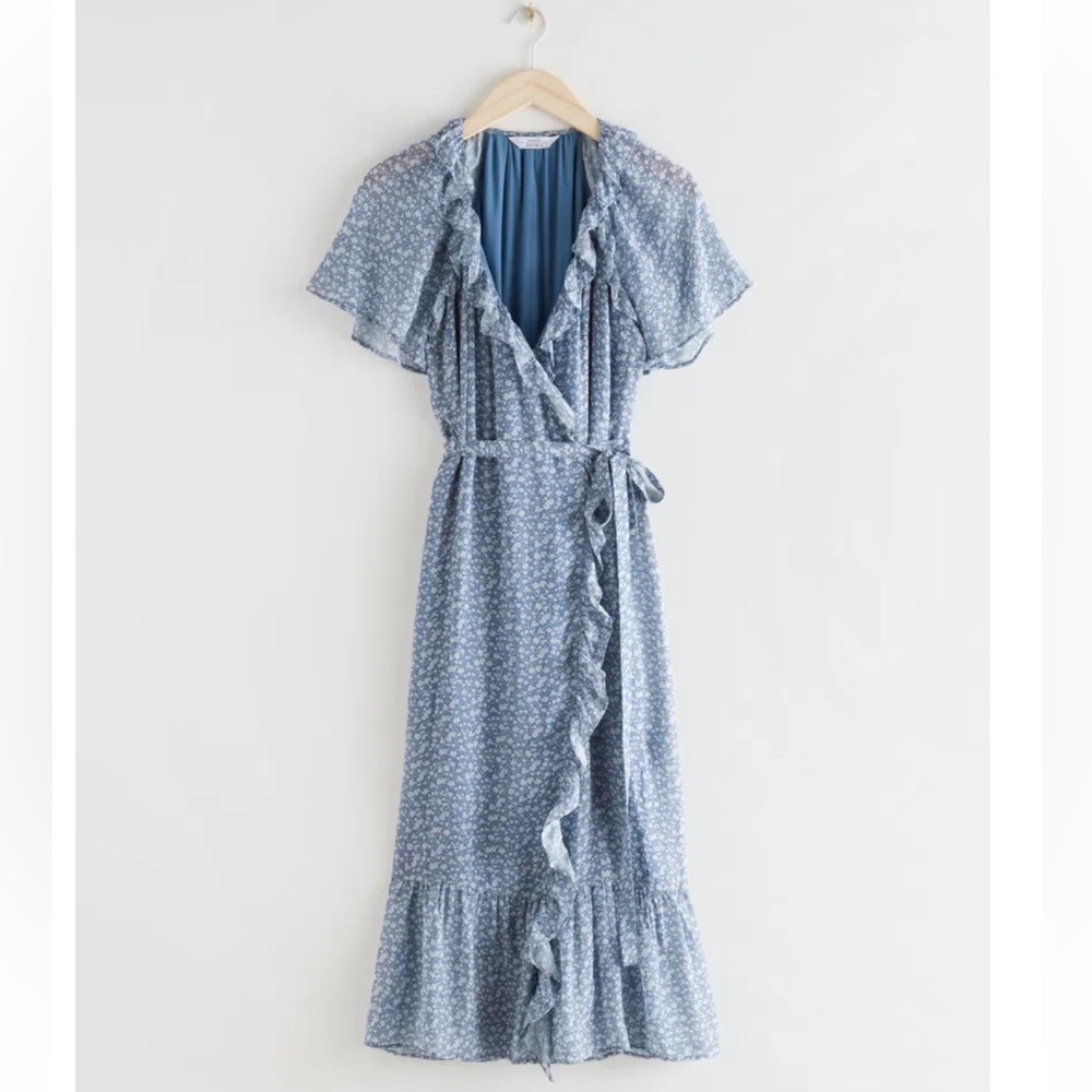 & Other Stories Ruffled‎ Midi Wrap Dress Floral Blue White 4
